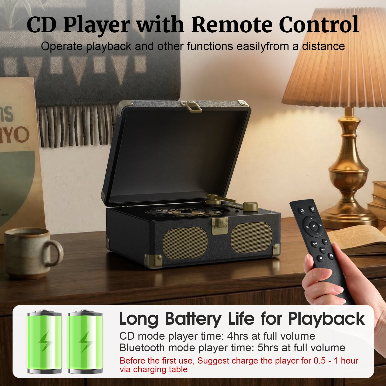 Wavelegend Retro CD Player Bluetooth Portable with Hifi Speakers, Remote Control Desktop Suitcase Music Player with V5.4 BT in&out