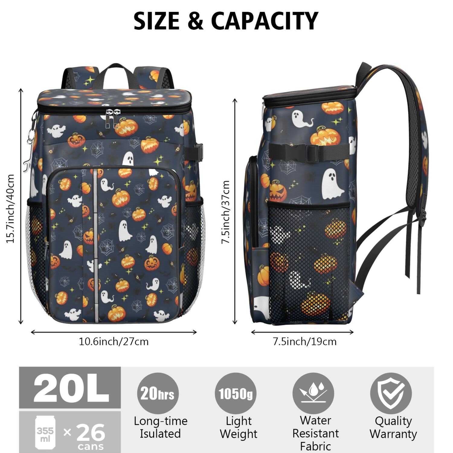 Travel Cooler Bag - Halloween Ghosts Pumpkins and Spider Webs Camping Beer Cooler Backpack with Bottle Opener- Waterproof Insulated Picnic Backpacks - Cooler Bag for Beach