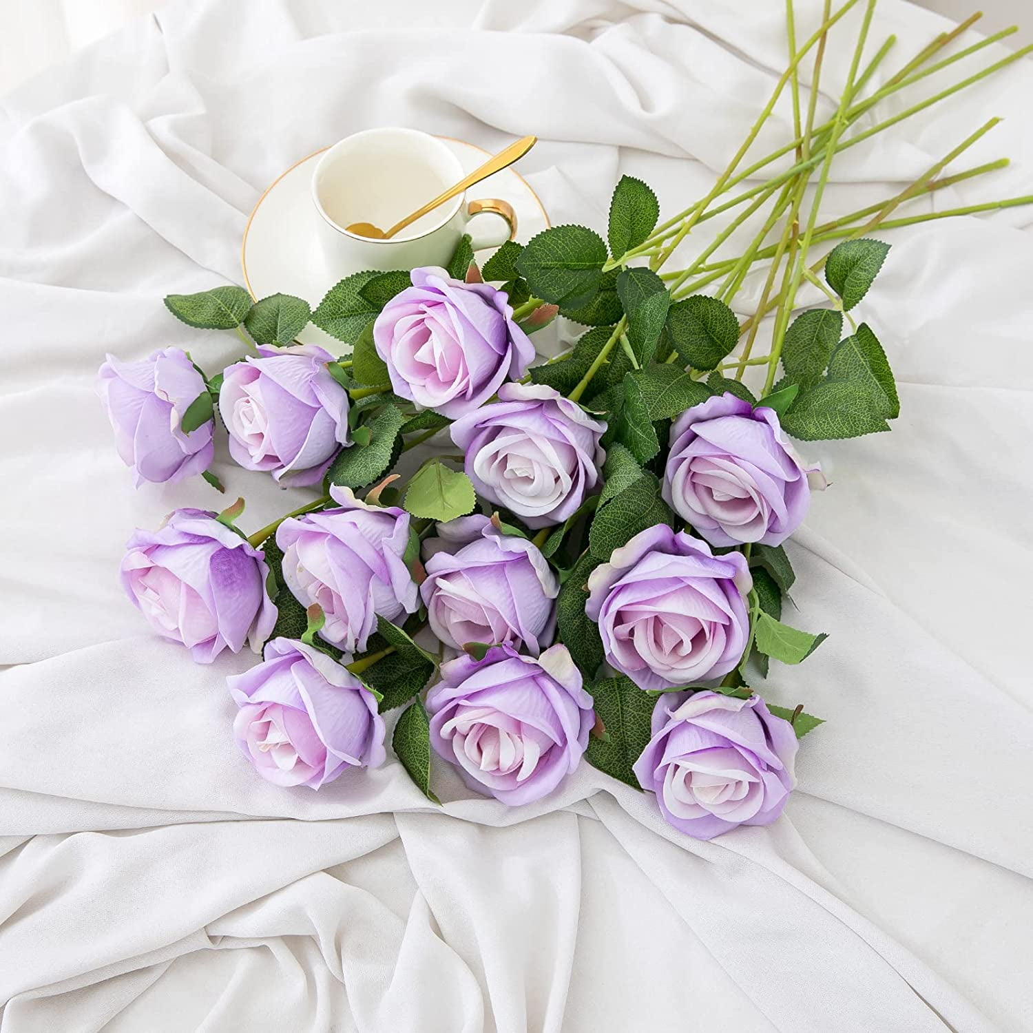Fake Roses Artificial Silk Flowers - Purple Roses Artificial Faux Flowers with Stems for Home Wedding Centerpiece Hotel Office Decor