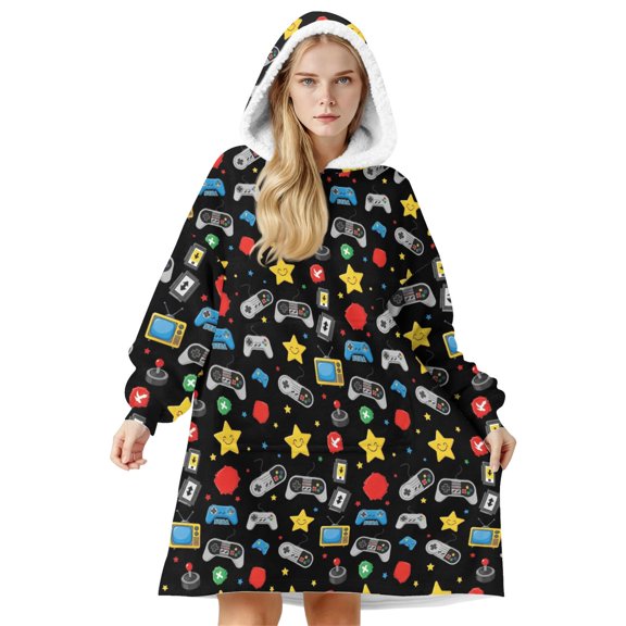 Game Controller Black Pattern Double-Sided Sherpa Fleece Wearable Blanket Hoodie, Oversized Thick Fuzzy Pullover with Giant Pocket for Women & Men