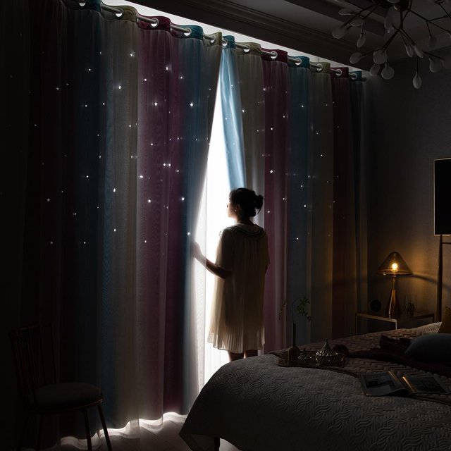 Cortina Deco de estrella hueca degradada para dormitorio opacas completas para ventana (púrpura) JShteea Libre de BPA