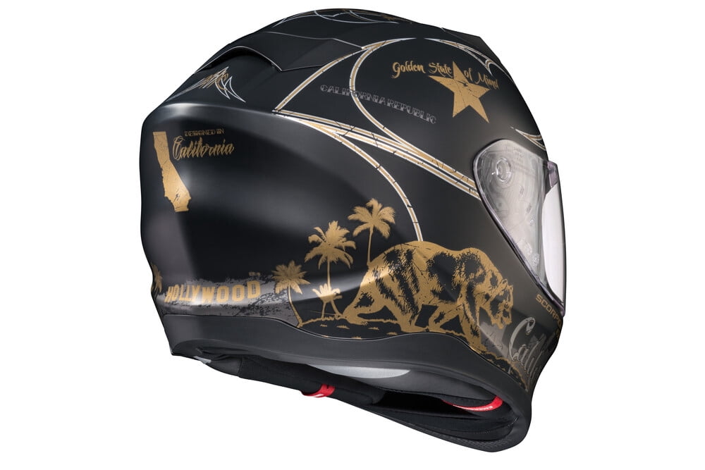 golden state motorcycle helmet Scorpion EXO-T520 (CLOSEOUT) El arte destacado se combina con la calma diseada Scorpion EXO Motorcycle Gear: Golden