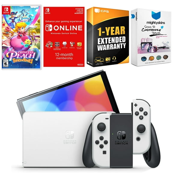 Nintendo Switch White OLED Console with Princess Peach: Showtime!, NSO 12 Month Family Membership, MightySkins Console and Controller Skin Voucher, and 1 Year CPS Extended Warranty