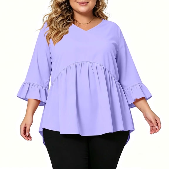 3/4 Sleeve Peplum Tops for Women Plus Size Flowy Shirts Ruffle Hem Dressy Casual Tunic Blouses, Purple, 3XL