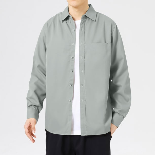 Blusa y camisa de manga larga con cuello vuelto para hombre, informal, de color liso, con botones, de manga larga y cuello vuelto, de poliéster.