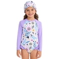 thumbnail image 3 of lnmuld Kids Swimsuits Long Sleeve Swimsuit Set Floral Gradient Scale Print Detachable Ruffle Skirt Matching Swim Cap Color:Purple,Size:3-4 Years, 3 of 9