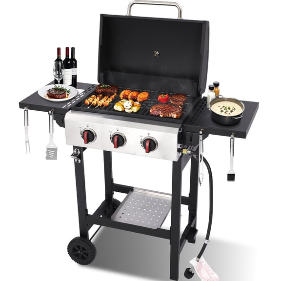 3-Burner Propane Gas Grill with Cast Iron Grates, 252 Sq. In. BBQ Grilling Space, Foldable Side Shelves for Portable Outdoor Patio Camping, Black