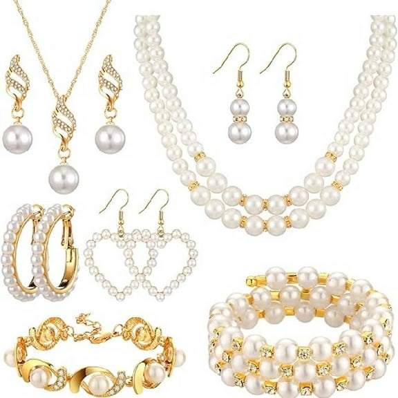 8 Pcs Pearl Rhinestone Jewelry Set for Women Pearl Necklace Bracelet Earrings for Wedding Birthday Bridal Tea Party
