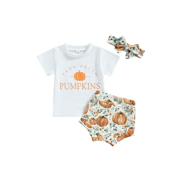 Bagilaanoe 3Pcs Newborn Baby Girls Thanksgiving Outfits Short Sleeve Letter Print T-Shirts Tops   Pumpkin Shorts   Headband 6M 12M 18M 24M Infant Short Pants Set