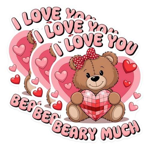 (3 Pack) Teddy Bear Love Decals - Valentine's Day Sticker - I Love You Beary Much Decal - 3 Inches On Longest Side - Easy Peel & Apply - Made in USA - 3MCS1763