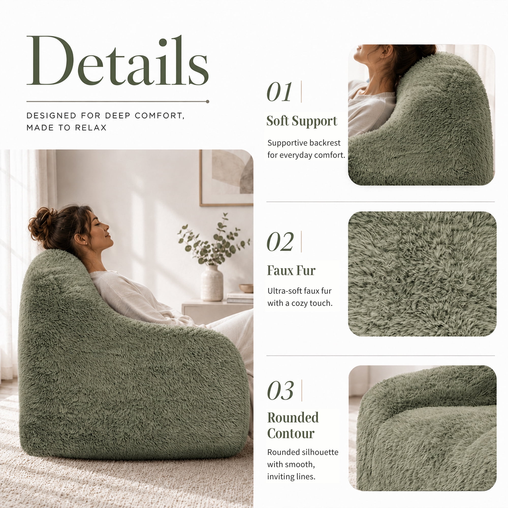 Aenkyo 40.6 Inch Faux Fur Single Sofa Chair, Comfy Lounge Chair in a Box, Green