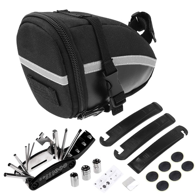 All-in-One Bicycle Repair Kit with 16-Function Multitool, 3 Tire Levers, 6 Patch Kits, Metal Rasp & PU Leather Saddle Bag – Portable 1.2L Capacity Seat Pack for Cycling Maintenance & Emergency Fixes