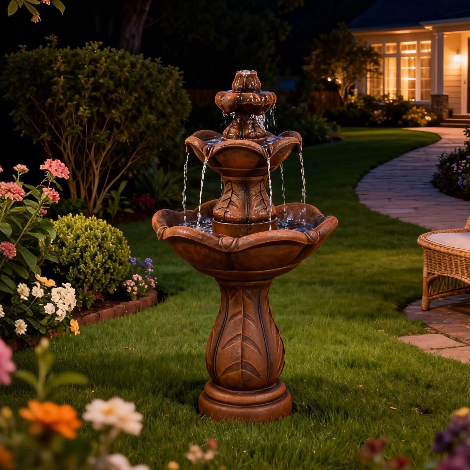 3-Tier Cascading Outdoor Water Fountain, Bird Bath Waterfall Fountain, Freestanding Fountain with Pump for Garden Yard
