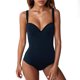 thumbnail image 1 of Traje de baño de una pieza para mujer, color puro, cuello en V, con aros, acolchado, elástico, transpirable, tankini, traje de baño negro M, 1 of 6