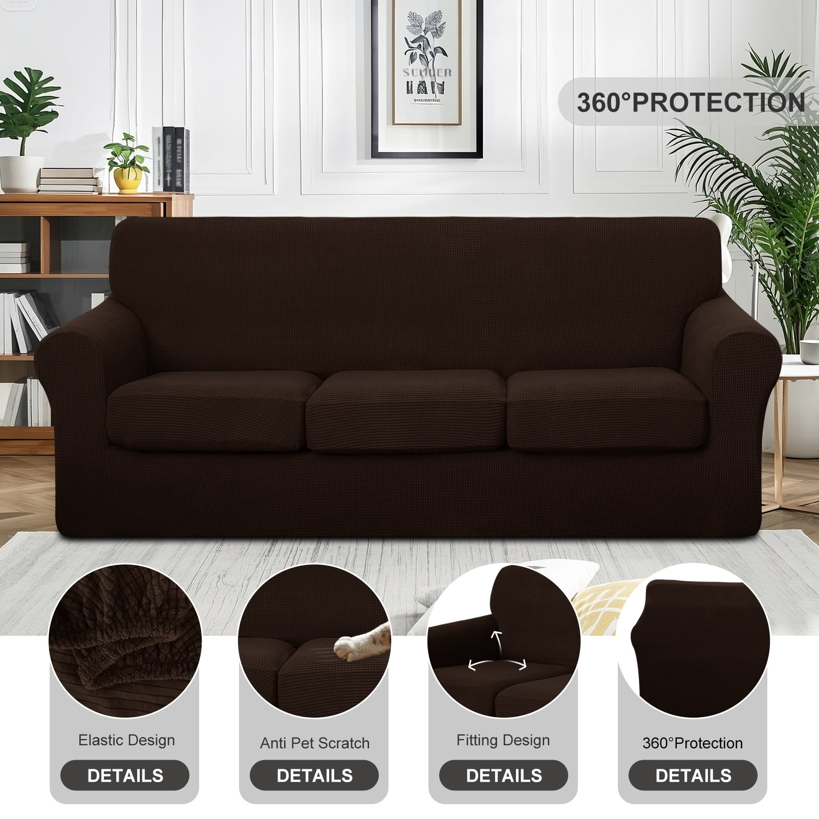 Luxshare Home Stretch Couch Cover for 3 Cushion Furniture Protector Sofa Covers Washable Pet Non Slip cover with Elastic Bottom(Sofa/Chocolate)