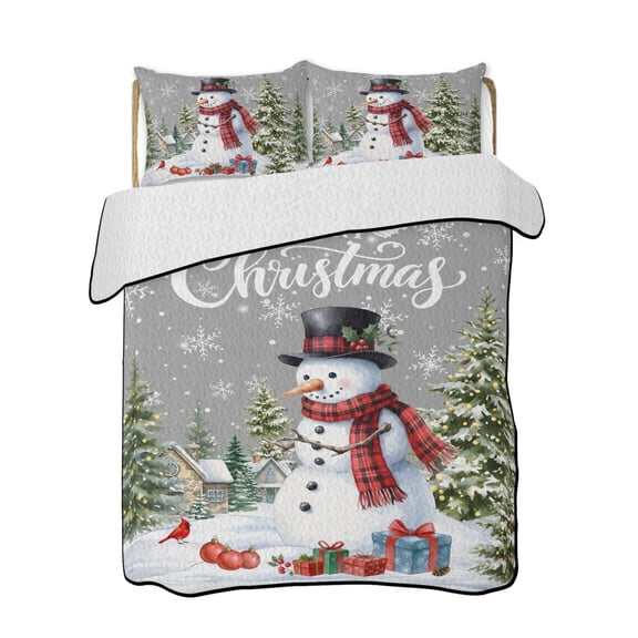 Quilt King Size Bedding Set, Christmas Snowman Reversible Summer Quilt 3 Pieces, Winter Snowflakes Country Xmas Trees Grey Lightweight Bedspreads Coverlets with 2 Pillow Shams for All Seasons