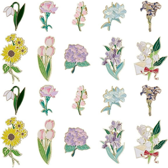 20Pcs 10 Styles Flower Enamel Pins Flowers Brooch Pin Bulk Metal Alloy Cartoon Plants Floral Sunflower Tulip Orchid Lapel Brooches for DIY Badges Clothing Jacket Bags Decoration Accessories colorful