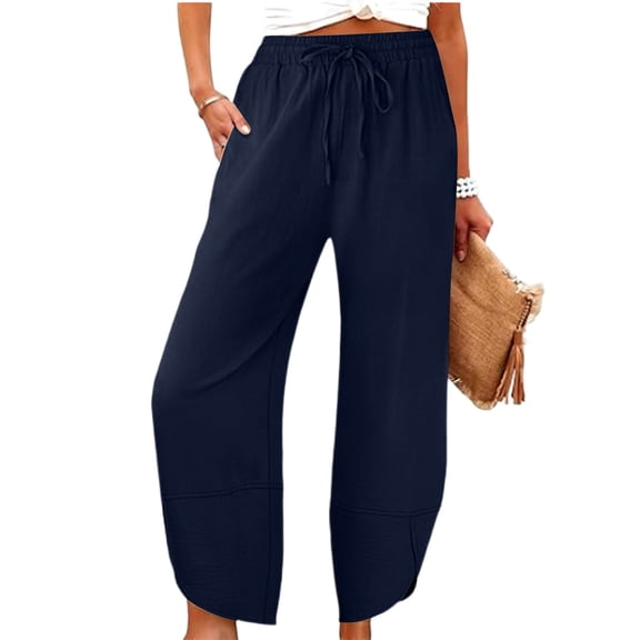 ZHYou No Boundarie Women's Drawstring Waist Cropped Linen Blend Pants with Pockets Loose Fit Asymmetric Hem Casual Summer Trousers for Daily Wear Navy Size S