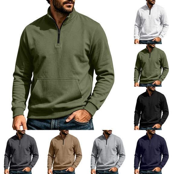 Mens Solid Quarter Zip Stand Collar Pullover, Long Sleeve Casual Sweatshirt with Front Pocket, Comfort Lightweight Tops