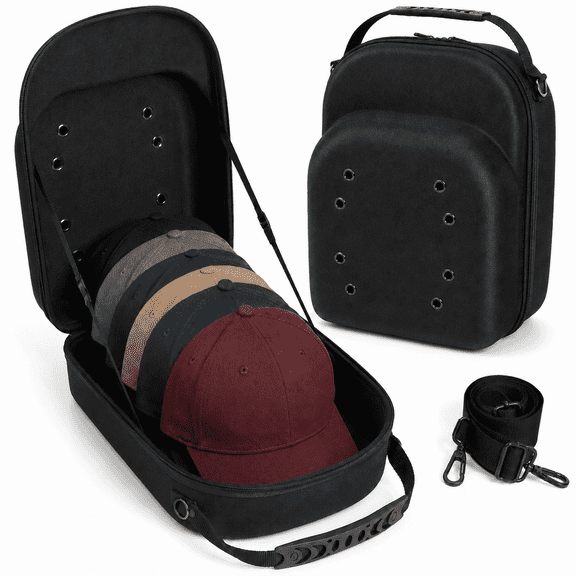 Baseball Hat Case, Hat Carrier Travel Case with Carry Handle and Adjustable Shoulder Strap, Hat Cap Case for 6 Baseball Caps for Men & Women, Perfect for Traveling (Black)