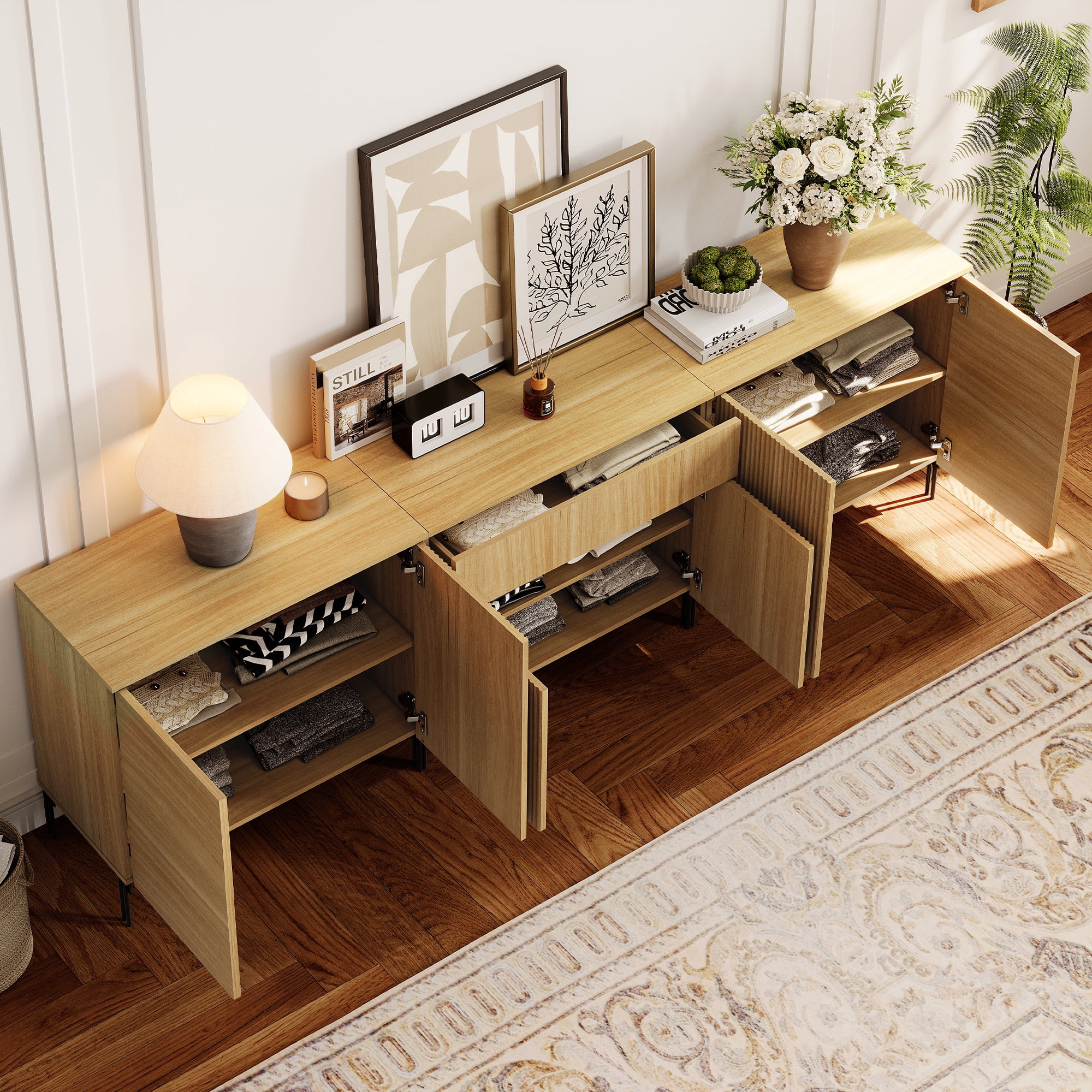 94.5" Modern Reeded Dresser TV Stand for TVs up to 100 Inch, Entertainment Center with Adjustable, Wooden TV Console with Storage for Living Room