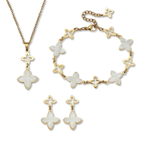 Genuine Mother of Pearl Gold Ion-Plated Stainless Steel Clover Jewelry Set
