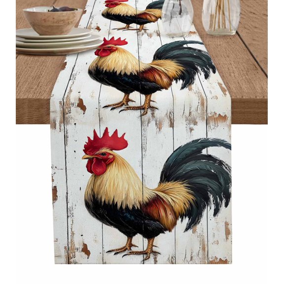Table Runner Watercolor Rooster Table Decoration for Kitchen Dinning Vintage White Wood Grain Table Decoration for Indoor Outdoor Party Wedding Decor 13x72 Inch
