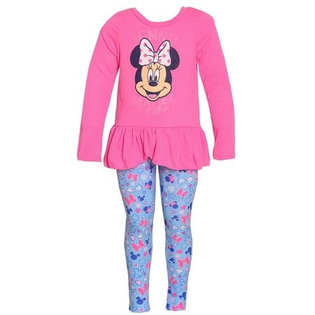 Disney Little Girls Pink Minnie Mouse Print Ruffle 2 Pc Leggings Outfit
