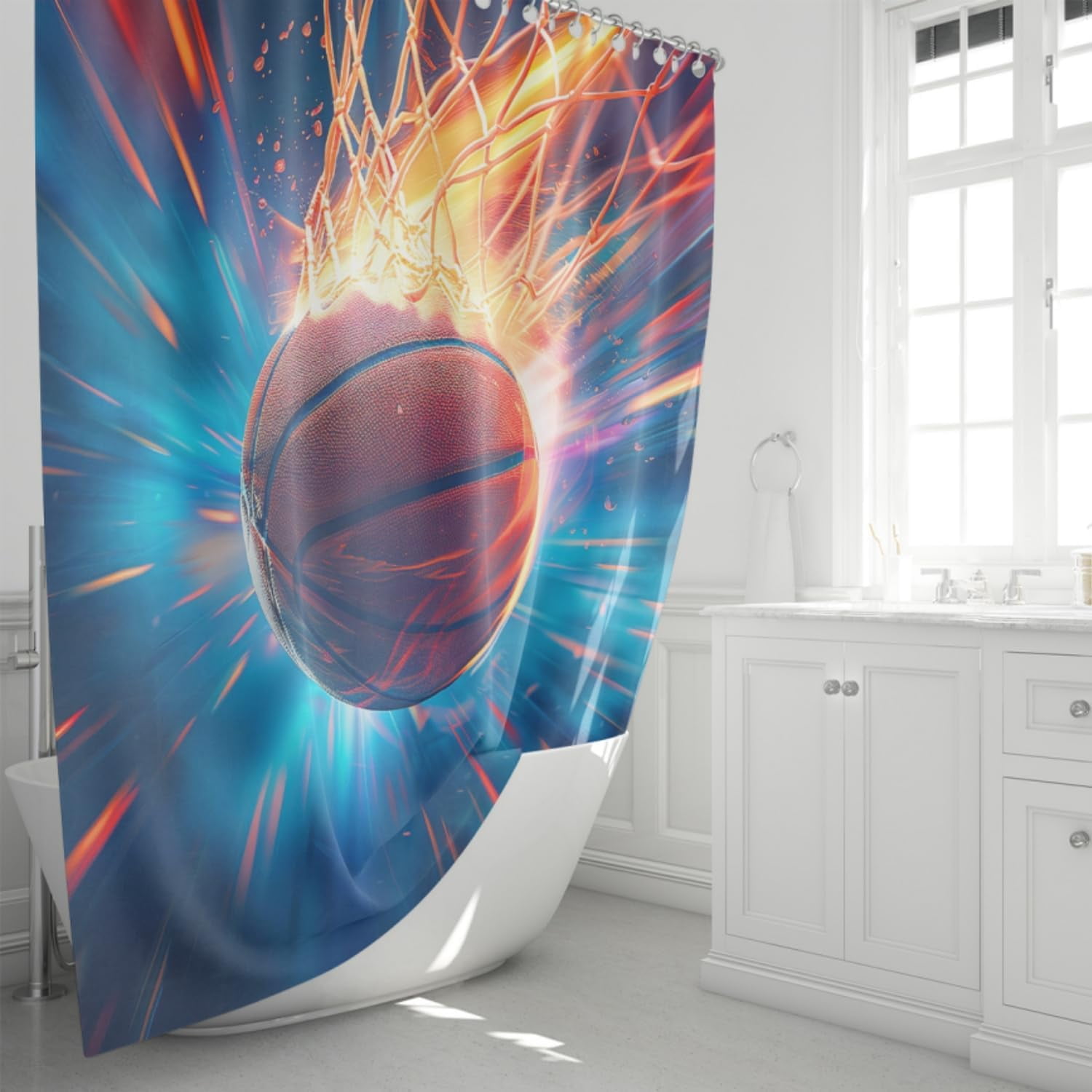 Basketball Shower Curtain Set - 4PCS Sports Shower Curtain Sets for Kids and Teen Boys Bathroom Shower Curtain Set Purple Basketball Bathroom Set with Rug, Toilet Cover and Bath Mat, 12 Hooks