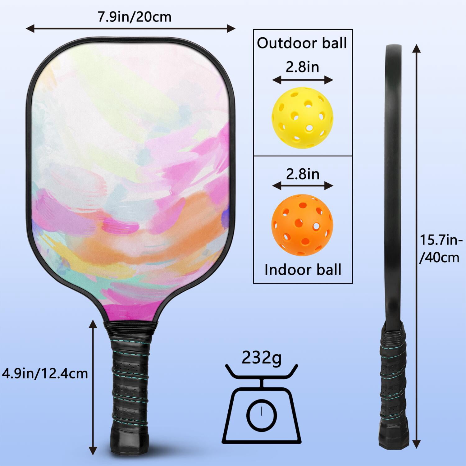 Pickleball Paddles Set Of 2, Fiberglass Surface, Dreamy Cloud Print, 4 Balls & Bag