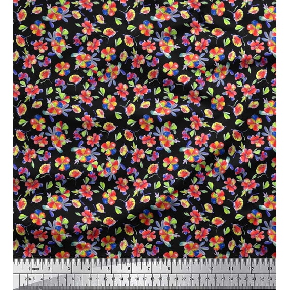 Soimoi Crepe Silk Fabric Leaves & Floral Artistic Print Fabric by The Yard 42 Inch Wide