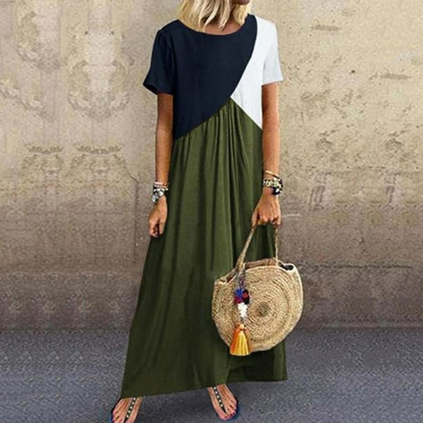 ICHUANYI Clearance Fashion Women Summer Casual Round-Neck Print Short Sleeve Loose Dress(Green, M) ICHUANYI WER2023081202005