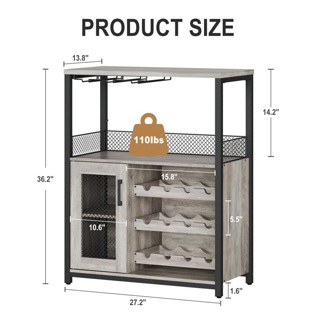 GloryStar Wine Bar Cabinet - Large Capacity Liquor Cabinet with Storage, Adjustable Shelves for Glassware, Sturdy MDF Construction, Easy Assembly Wine Rack Ideal for Dining Room Bar & Kitchen