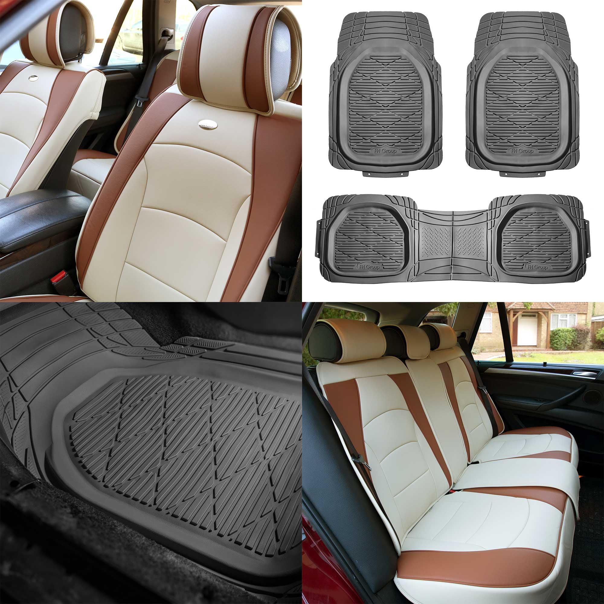 Fh Group Luxury Pu Leather Seat Covers For Auto Car Suv Van Beige Tan With Gray Deep Dish Floor Mats