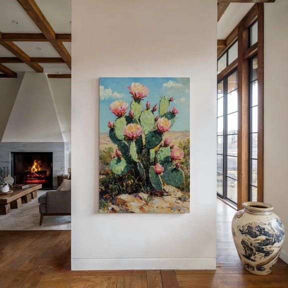 Velto Prickly Pear Cactus Canvas Desert Wildflower Art Southwest Botanical Rustic Boho Wall Decor Vintage Western Floral, SIZE 8x10 INCLUDE Pine Wood Frame 1.25-Inch