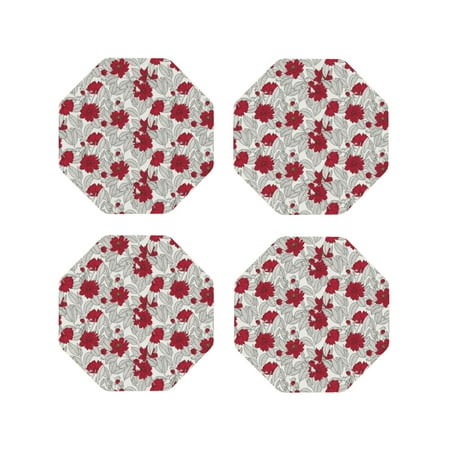 

Pofeuu Leaves And Anemone Flowers In Red Grey Print Coasters for Drinks 4Pack PU Leather Coasters Bar Drink Coasters for Tabletop Protection Furniture from Damage-Octagon