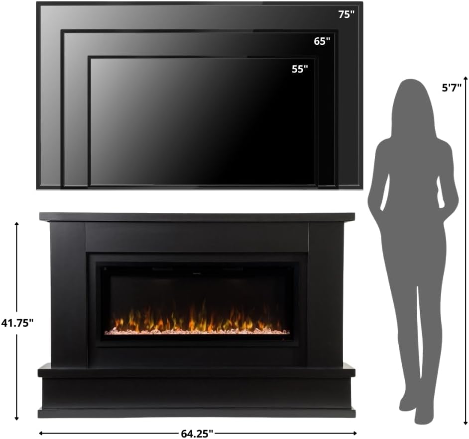 Modern Ember Patton 64" Black Mantel Electric Fireplace Package, 42" Firebox, 5 Flame Colors, 10 Ember Bed Colors, Log & Crystal Kits, Alexa/Wi-Fi Enabled