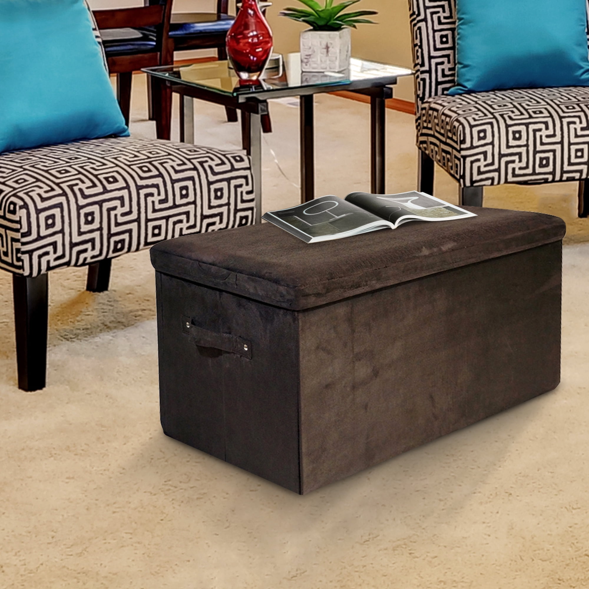 Seat Pad Folding Storage Bench. Micro Suede CoverBrown