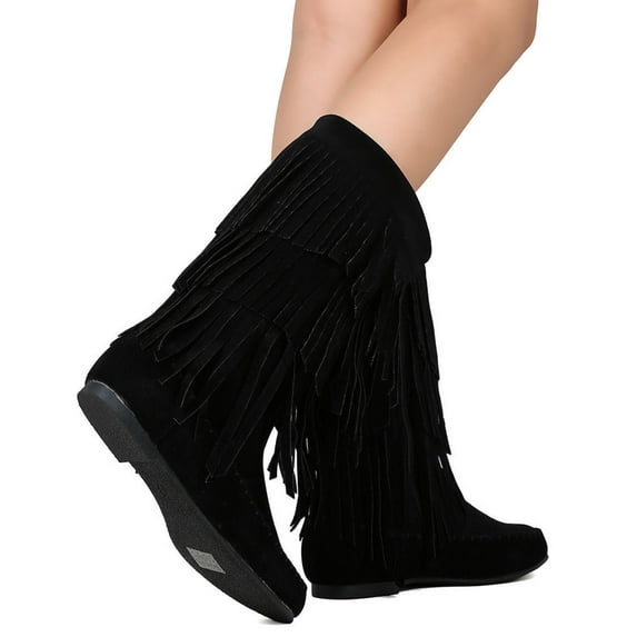 Women's Knee High Mid Calf Boots Ruched Suede Slouch Knitted Calf Buckles (Fringe, Black 5)