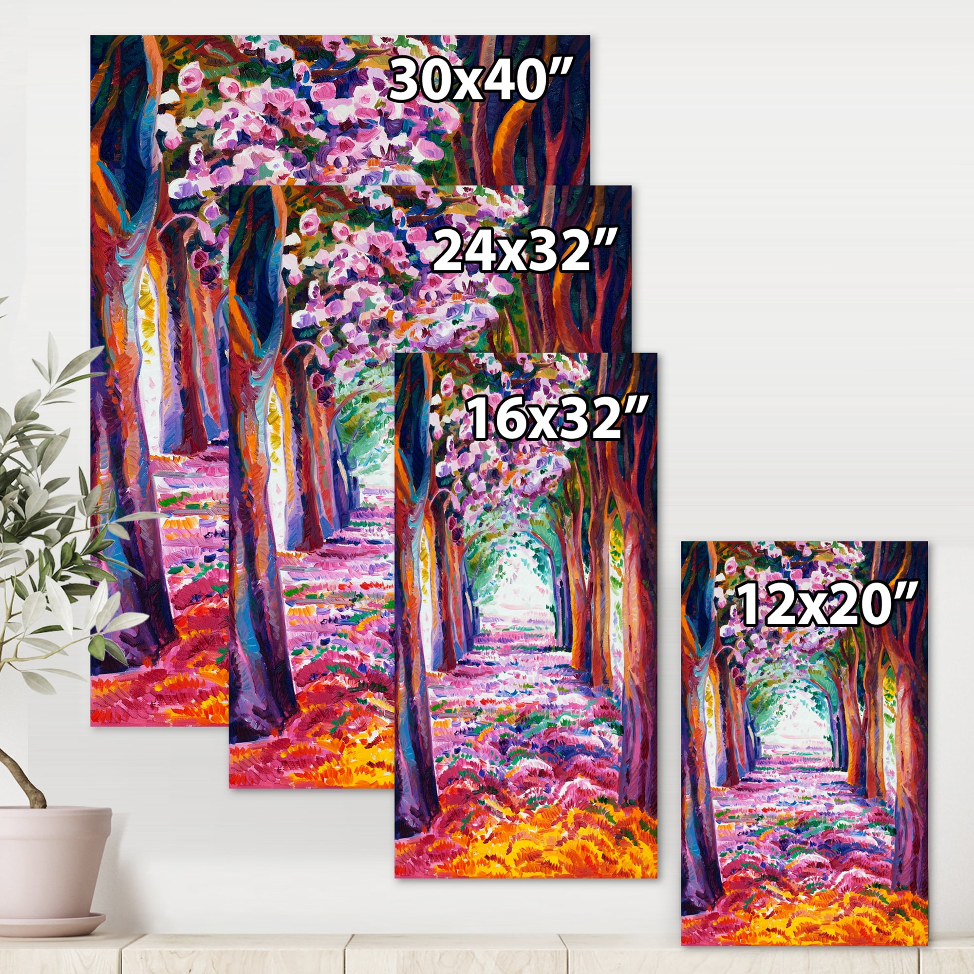 Designart ' Pink Flowering Colorful Spring Forest ' Lake House Canvas Wall Art Print