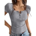 thumbnail image 2 of Women'S Summer Short Sleeve U Neck T Shirts Casual Ribbed Button Henley Knit Tops Blouse Grey XL, 2 of 9