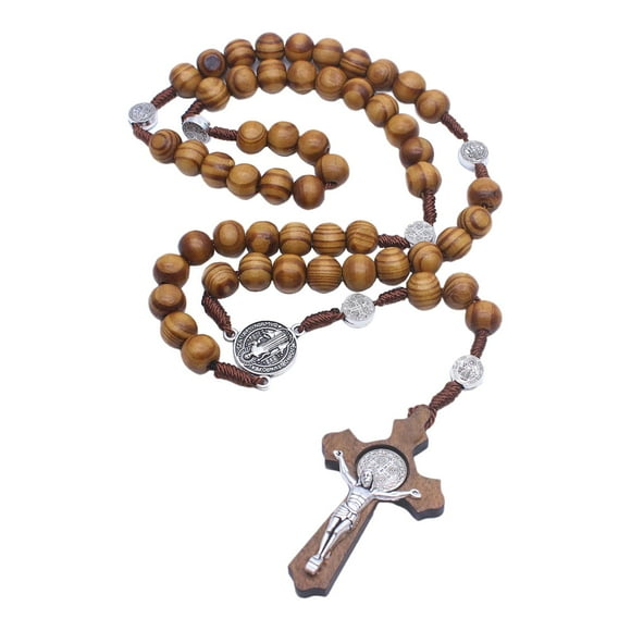 Collar católico con colgante de cruz y rosarios de madera Perfecl