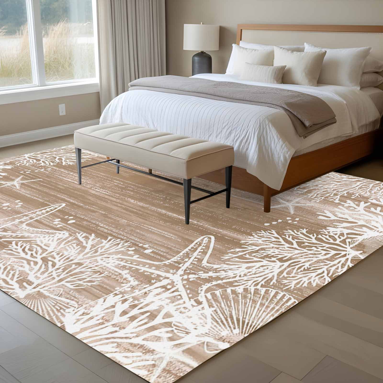 Brown Coastal Area Rugs 8'x10', Washable Small Throw Rugs for Living Room Patio, Summer Ocean Sea Ombre Starfish Corals Indoor Outdoor Rug Non-Slip Low Pile Carpet Runner Reversible Floor Mats