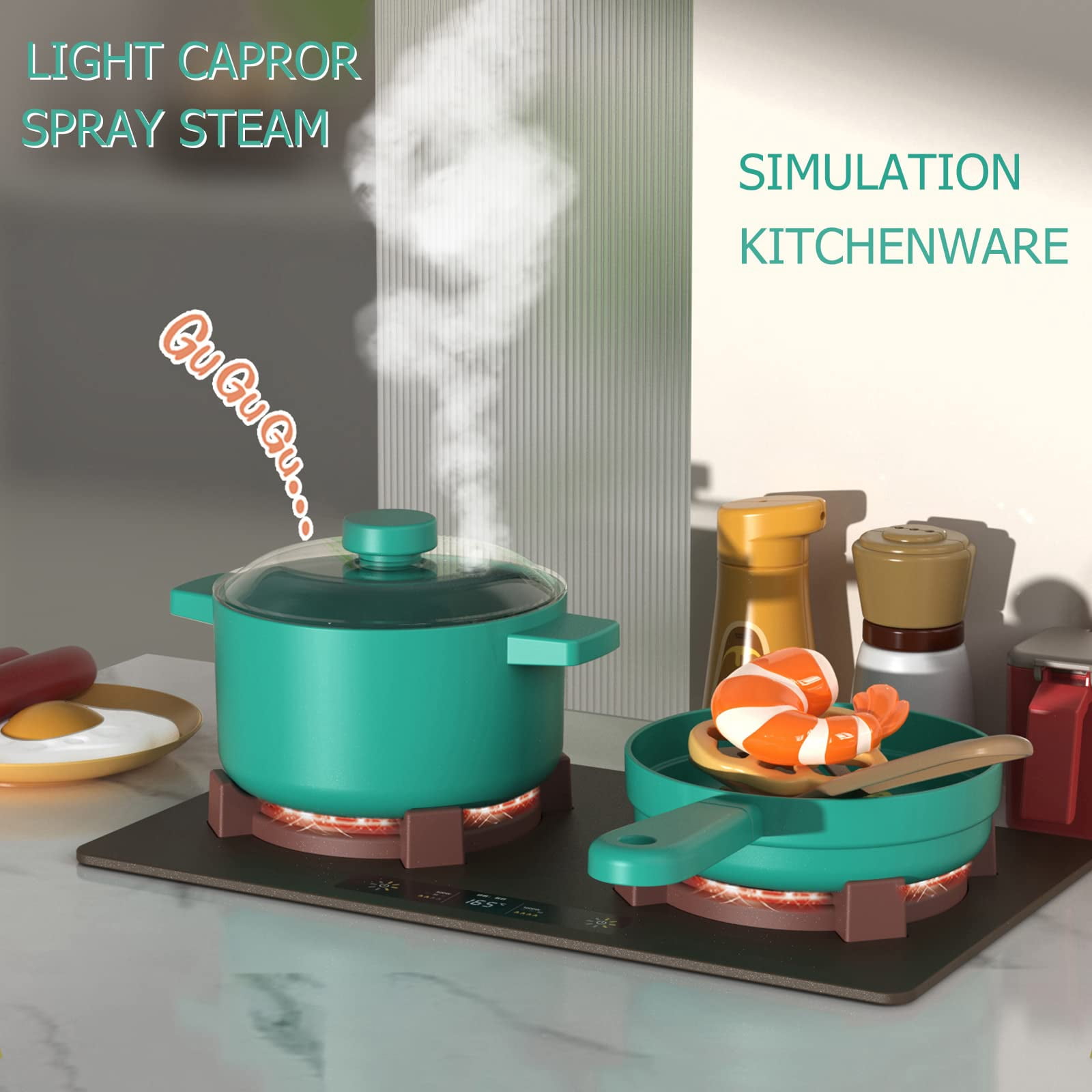 PayUSD Play Kitchen Set for Kids, 63 PCS 33Inch Pretend Play Food Toys Kitchen Set with Realistic Sounds & Lights, Play Sink, Simulation of Spray Kitchen Toys for Toddlers Girls Boys Gift, Pink