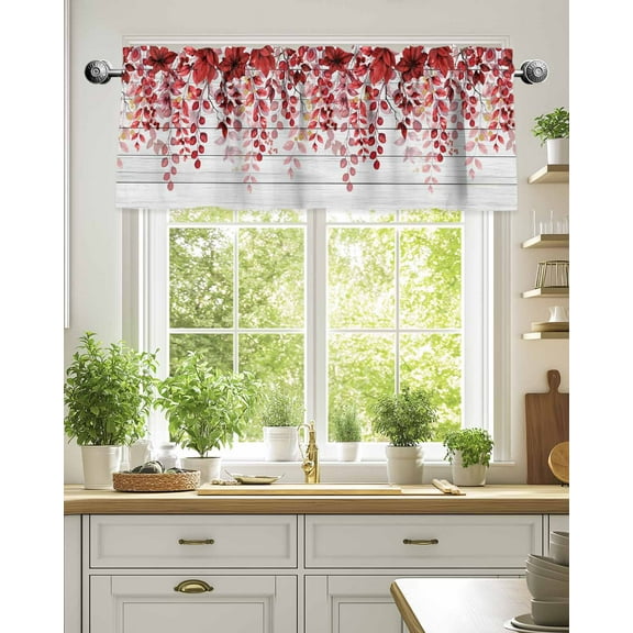 Curtain Valance for Windows,Red Watercolor Eucalyptus Leaves Kitchen Valances Rod Pocket Short Curtains,Farmhouse Vintage Wood Board Window Treatment Panel for Bedroom Bathroom 54"x18"