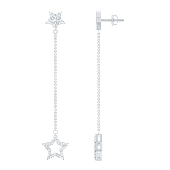 Rosec Jewels Certified Diamond Long Chain Dangle Earrings, Star Earrings (HI-SI Grade), 925 Sterling Silver