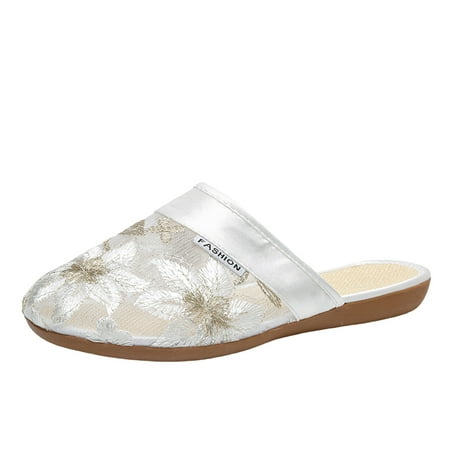 

ZTTD Ladies Fashion Breathable Mesh Flower Embroidery Flat Bottom Slippers White