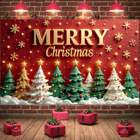 Red Background Christmas Banner Gold Snowflakes Merry Christmas Display Star-topped Colorful Christmas Trees Xmas Backdrop for Christmas Party Holiday Celebration Indoor Decoration