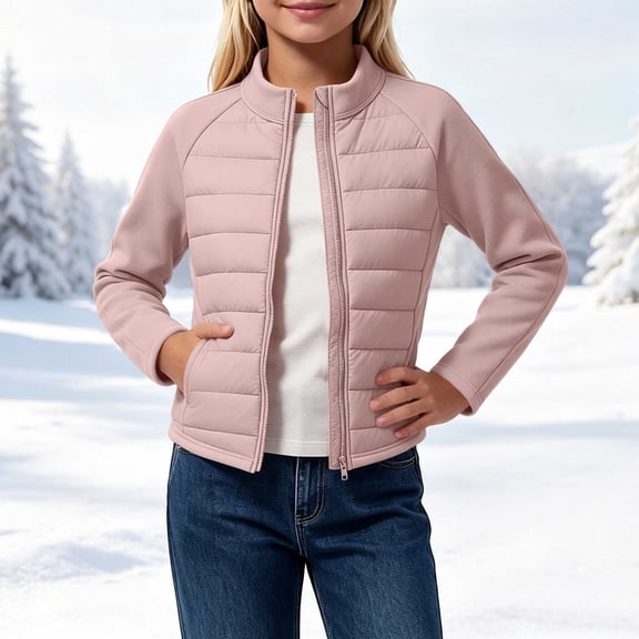 Samdudou Girls Quilted Jackets Mixed Media Zip Up Coats Fall Winter Transitional Outerwear Kids Stand Collar Long Sleeve Padded Clothes Solid Sports Layering Jacket with Pockets Size 8-15 Years