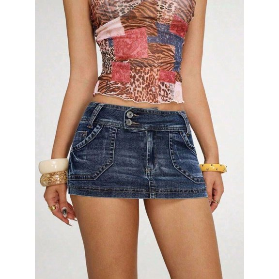 Womens Low Rise Fitted Mini Denim Skirt Medium Wash
